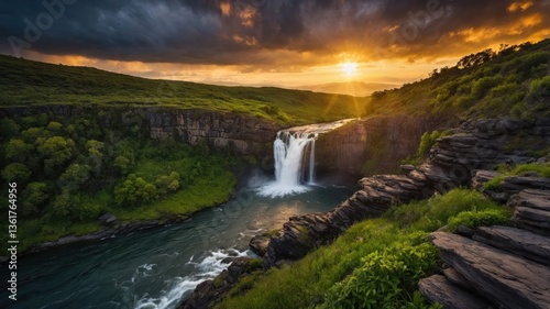 Fototapeta Naklejka Na Ścianę i Meble -  A stunning waterfall cascading into a river, illuminated by a dramatic sunset over lush greenery.