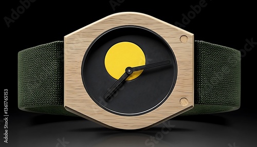 Minimalist wooden wristwatch with yellow sun dial and green fabric band.