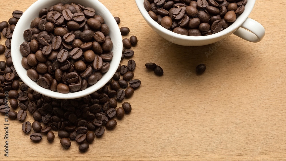 Aromatic Awakening: Fresh Roasted Coffee Beans Overflowing White Cups, Ready to Grind for Your Morning Brew, Set on a Rustic Wooden Surface. Aromatic Awakening: Fresh Roasted Coffee Beans Overflowing White Cups, Ready to Grind for Your Morning Brew, Set on a Rustic Wooden Surface.
