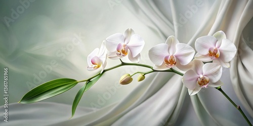 Elegant Delicate White Orchids Blooming Gracefully on a Soft Draped Fabric Background