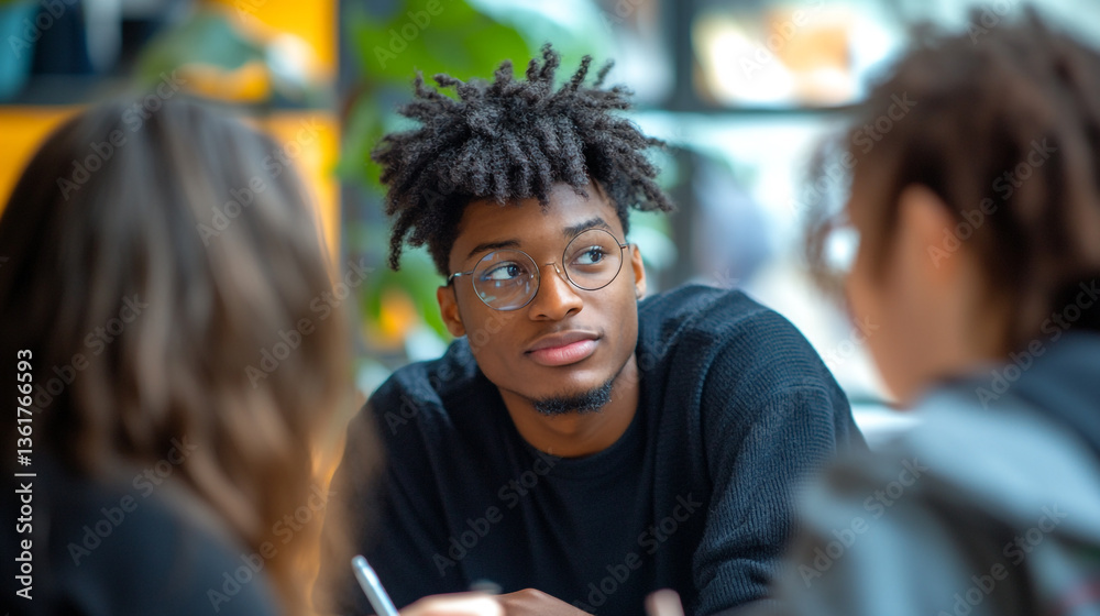 A young man with dreadlocks and glasses looking to his left while sitting with two other people A young man with dreadlocks and glasses looking to his left while sitting with two other people