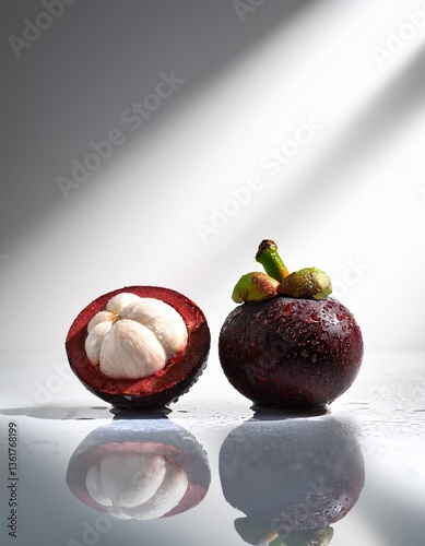 Bunch of mangosteen fruit with droplet of water on it, white background