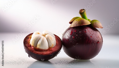 Bunch of mangosteen fruit with droplet of water on it, white background