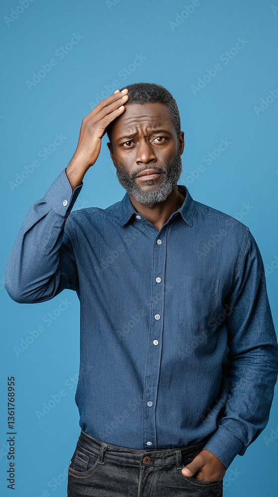 Mature executive grimacing, touching forehead while experiencing work stress, showing mental exhaustion against bright blue studio backdrop Mature executive grimacing, touching forehead while experiencing work stress, showing mental exhaustion against bright blue studio backdrop