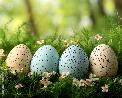 Four decorated speckled eggs nestled in green grass and flowers