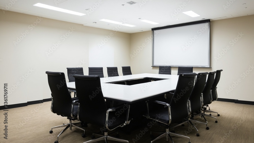 Fototapeta premium Modern Conference Room: Square Table, Leather Chairs, Projection Screen, and Neutral Decor Creating a Professional Meeting Space.