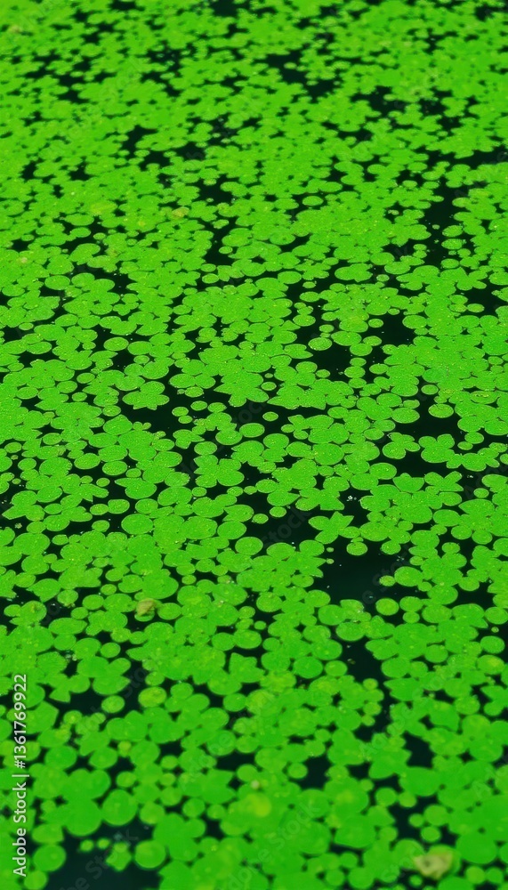 Dense green algal bloom covering water surface, environmental pollution, bloom, death Dense green algal bloom covering water surface, environmental pollution, bloom, death