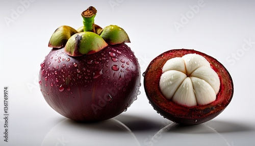 Bunch of mangosteen fruit with droplet of water on it, white background