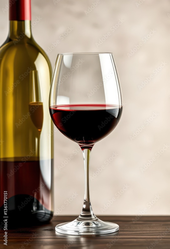 Elegant stemmed glass half-filled with rich red wine, next to a bottle, photography, delicious, burgundy