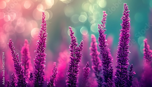 Detailed closeup photograph showcases purple flowers in a blurry dreamy setting