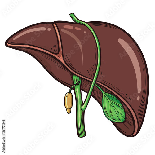Create a bold, vector illustration of a human liver with visible internal structures and blood vessels, using strong, contrasting colors.