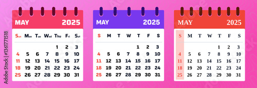 May 2025 Calendar. Set of May illustration. Calendar 2025. May Vector Bundle