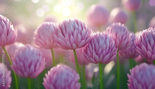 Beautiful field of pink flowers captured with sunlight streaming