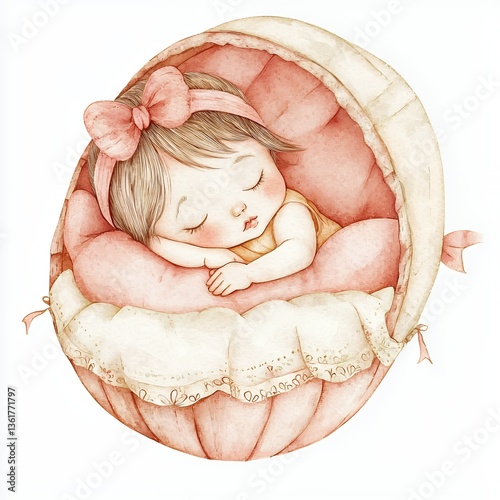 Sleeping Baby Girl in Pink Bassinet Watercolor Illustration