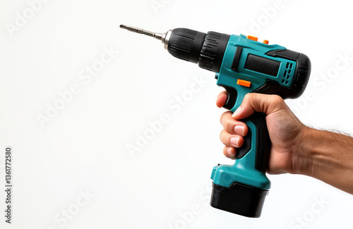Hand holds cordless drill on white background. Tool for construction repair, woodworking. Power drill, instrument for fixing screwing holes. Electric device, DIY home improvement work.