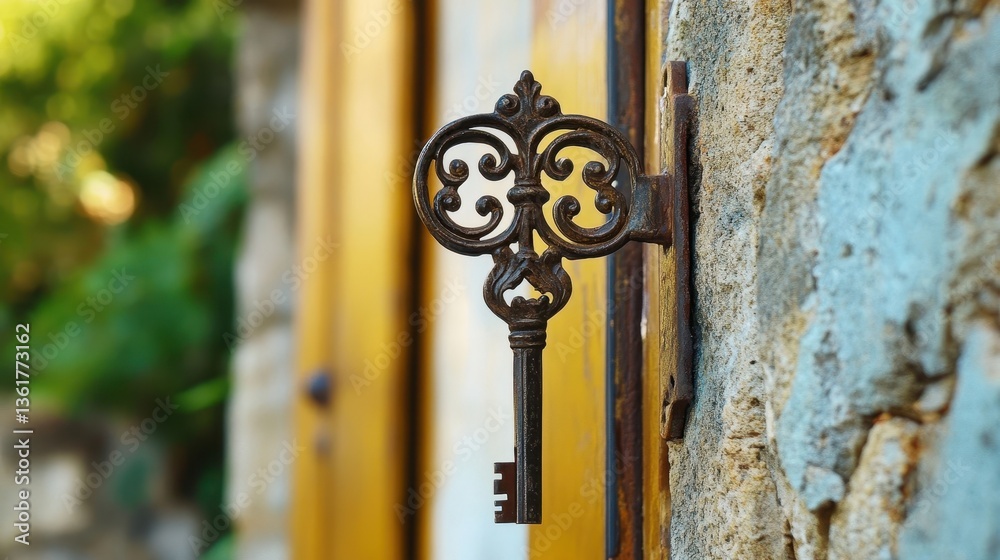 An old ornate metal key hangs on an exterior wall An old ornate metal key hangs on an exterior wall