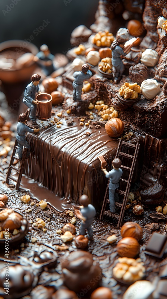 Miniature workers building chocolate bar with hazelnuts, creative food art featuring tiny people pouring and spreading melted chocolate in surreal scene
Miniature workers building chocolate bar with hazelnuts, creative food art featuring tiny people pouring and spreading melted chocolate in surreal scene
