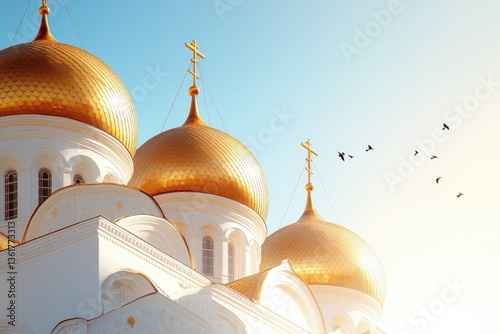 Majestic palace with golden domes and shimmering mosaics under a radiant spring sky photo