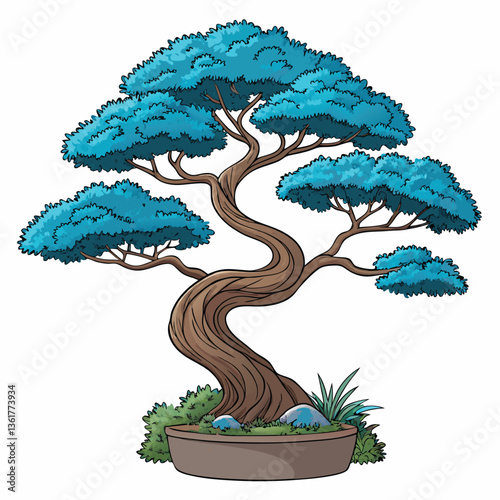 Create a bold, vector illustration of a juniper bonsai tree with strong, simplified strokes.  Focus on the tree's texture and form.