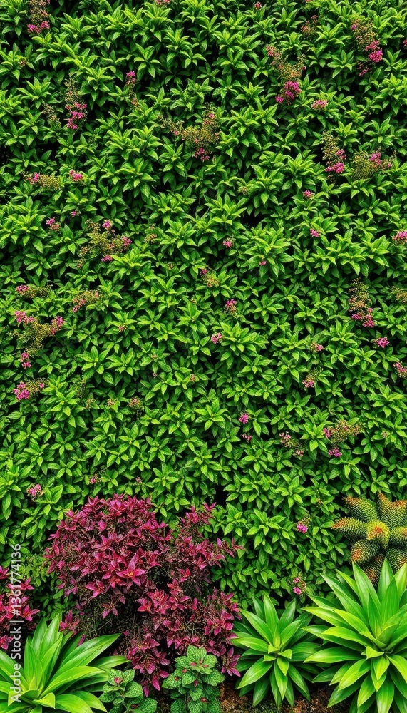 Lush green wall with diverse shrubs, creating a vibrant living backdrop, green wall, outdoor, texture Lush green wall with diverse shrubs, creating a vibrant living backdrop, green wall, outdoor, texture
