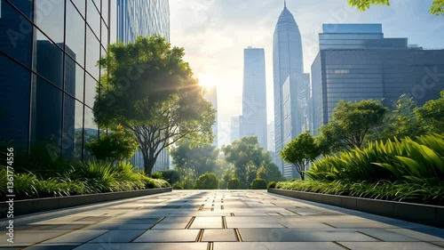 Eco electric modern city future skyscraper, Green building with tree	