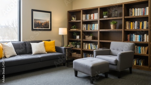 Cozy Reading Nook: A Serene Living Room with Stylish Furniture, a Large Window, and an Expansive Bookshelf for Relaxation. photo