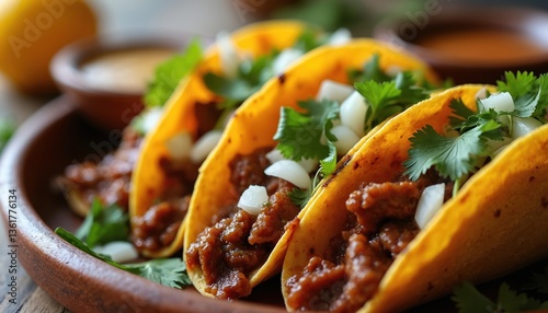 Platter of delicious Mexican birria tacos. Slow-cooked beef served in yellow corn tortillas with consomme dipping sauce. Garnished with cilantro chopped onion. Street food, restaurant, takeout meal.