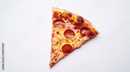 A single slice of pepperoni pizza on a white background viewed from directly above in a studio shot