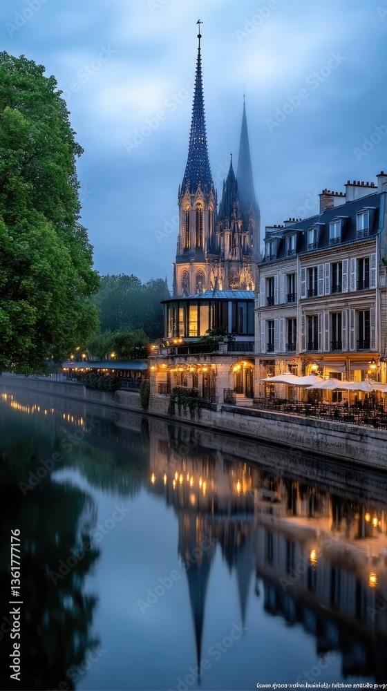 Naklejka premium Night view of the city, featuring water reflections and a starry foggy sky