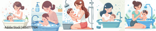Vector of a woman bathing her child.
