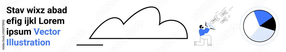 Fototapeta premium Abstract cloud shape, pie chart, text layout, and a person with tools. Ideal for creativity, data visualization, branding, marketing, analytics education simple landing page