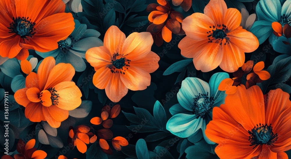 Beautiful orange and teal floral pattern with large flowers, dark background Beautiful orange and teal floral pattern with large flowers, dark background