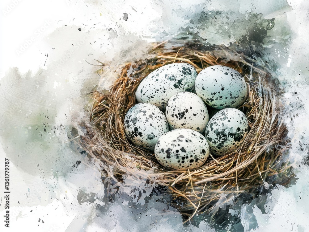 Obraz premium A cozy nest cradles speckled eggs, watercolor style, evoking nature's delicate beauty and the promise of new life in springtime.