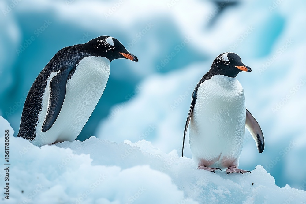 Obraz premium Tenacious nature and unshakable ties of penguins, overcoming the perilous iceberg cliff on the icy continent of Antarctica. Generative Ai
