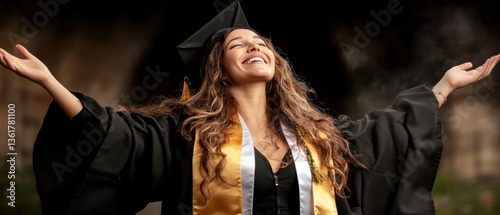 Obraz na płótnie Graduate with arms stretched wide, celebrating achievement. w salonie