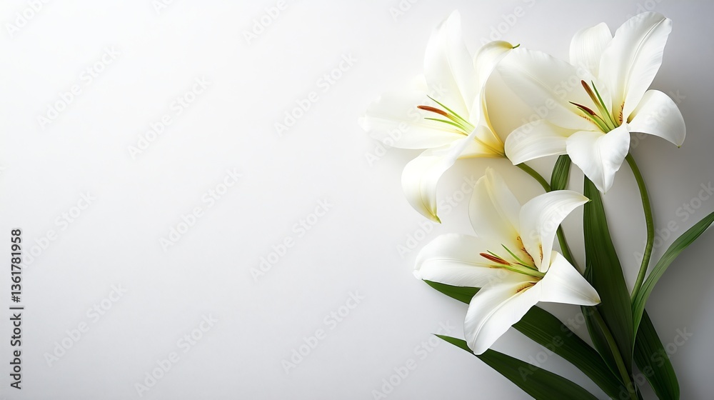 Fototapeta premium Elegant White Lily Flowers on White Background with Ample Copy Space for Text or Design