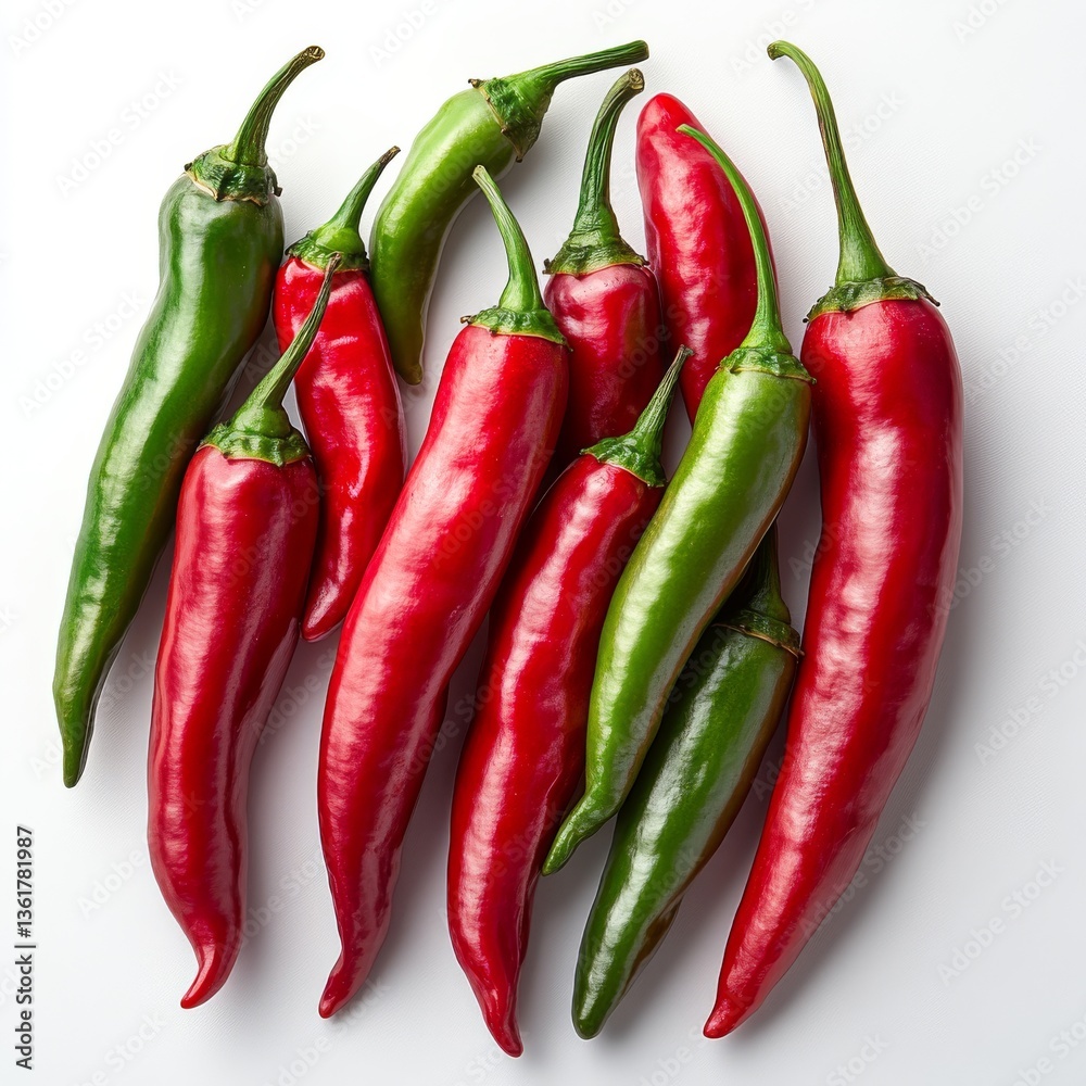 A vibrant collection of red and green chili peppers arranged artfully against a stark white backdrop, showcasing their fiery hues and varied shapes. A vibrant collection of red and green chili peppers arranged artfully against a stark white backdrop, showcasing their fiery hues and varied shapes.