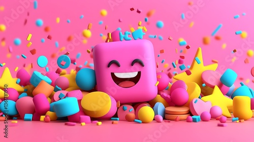 Happy emoji in colorful confetti.