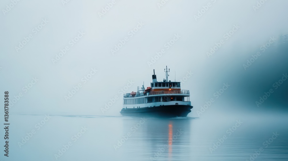 A passenger ferry navigating through dense fog on water A passenger ferry navigating through dense fog on water
