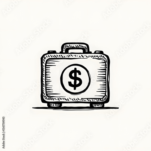 Stylized black and white emblem of a cash case featuring a dollar icon, conveying wealth, trade, business transactions, and profitability