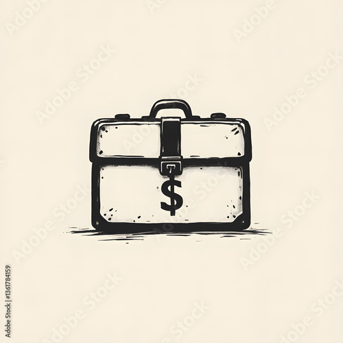 Hand drawn ink wash logo of a business suitcase with a dollar symbol, representing finance, investment, and economic prosperity