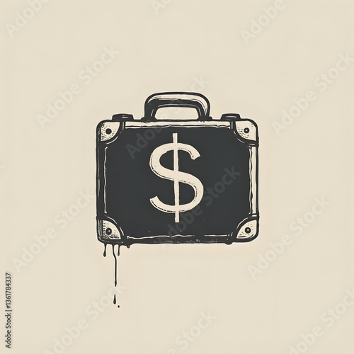 Minimalist ink wash logo of a briefcase featuring a subtle dollar sign, symbolizing business, finance, wealth, and economic success