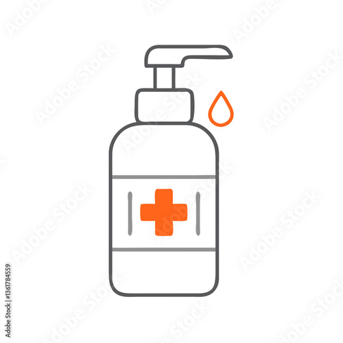 A medical pump bottle with a red cross illustration, depicting healthcare and wellness, essential for personal hygiene and safety practices, ideal for first aid kits and medical supplies.