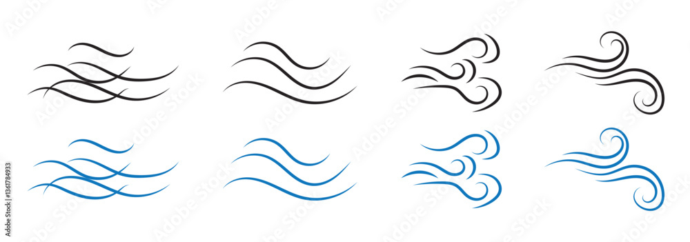 Fototapeta premium Blowing wind icon Flat outline fill set collection