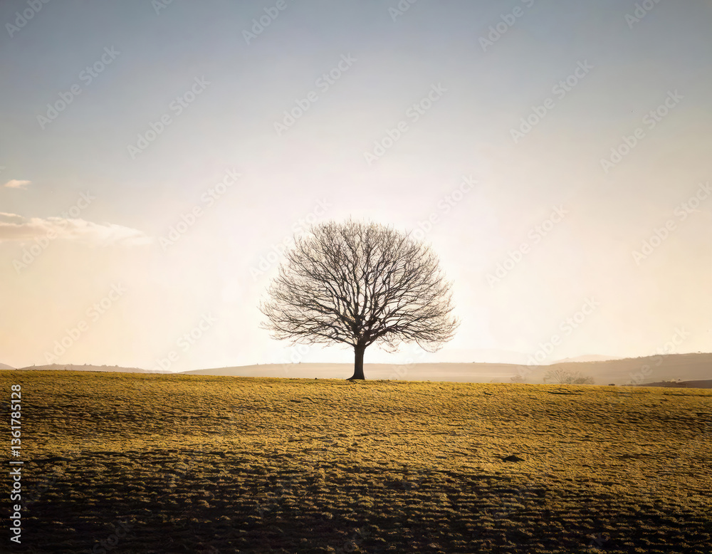 Solitary Tree on Golden Hill: Serene Landscape View. A lone tree silhouette on a sunlit golden hill against a clear sky