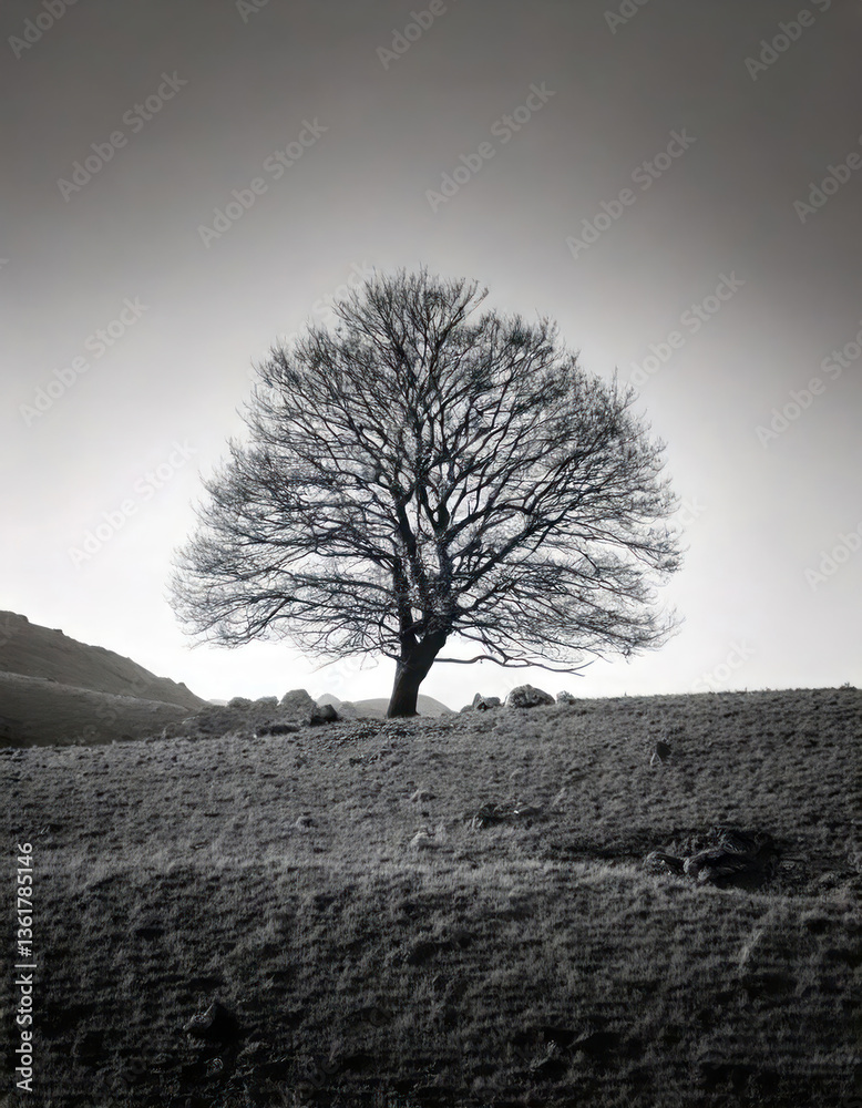 Solitary Tree on Golden Hill: Serene Landscape View. A lone tree silhouette on a sunlit golden hill against a clear sky
