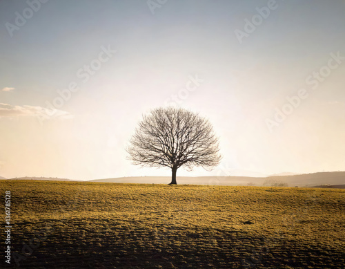 Obraz na płótnie Solitary Tree on Golden Hill: Serene Landscape View. A lone tree silhouette on a sunlit golden hill against a clear sky w salonie