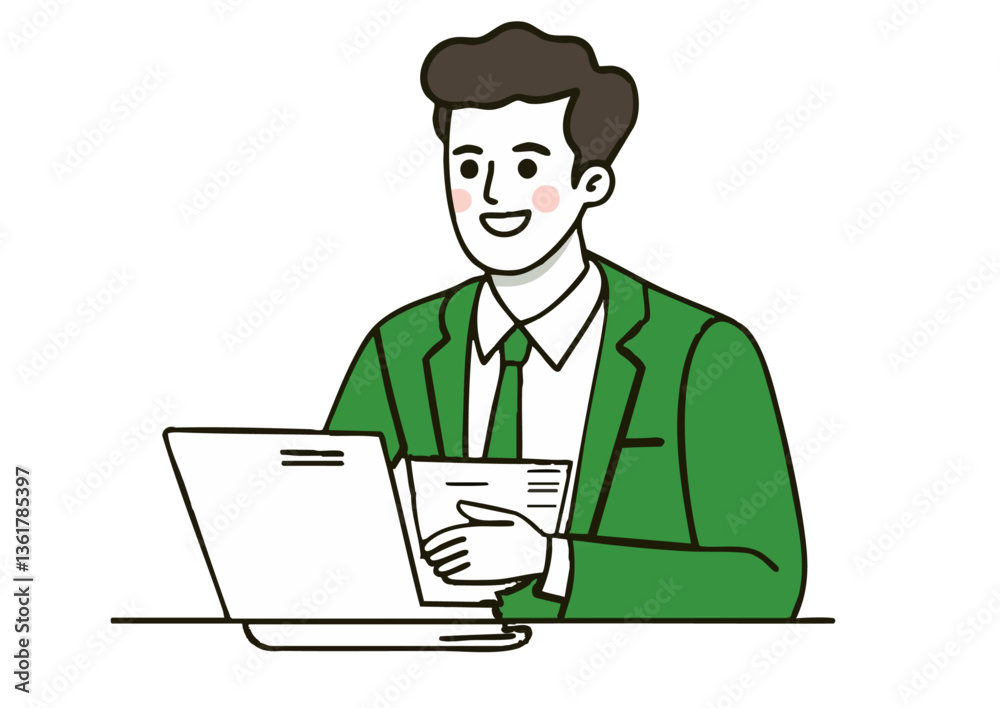 Vector illustration of a businessman showing documents on a laptop Vector illustration of a businessman showing documents on a laptop