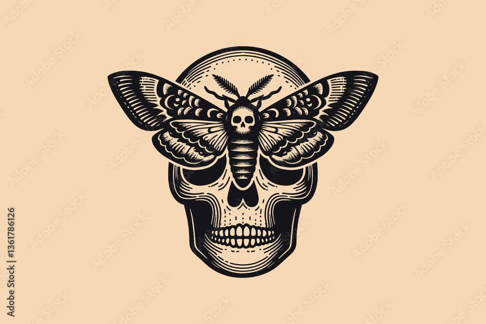 Φωτογραφία Vintage skull with moth, black vintage engraving tattoo sketch icon