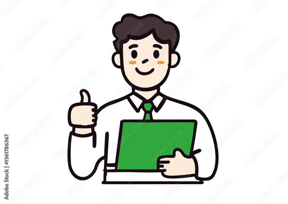 Vector illustration of a businessman holding a laptop and giving a thumbs up Vector illustration of a businessman holding a laptop and giving a thumbs up